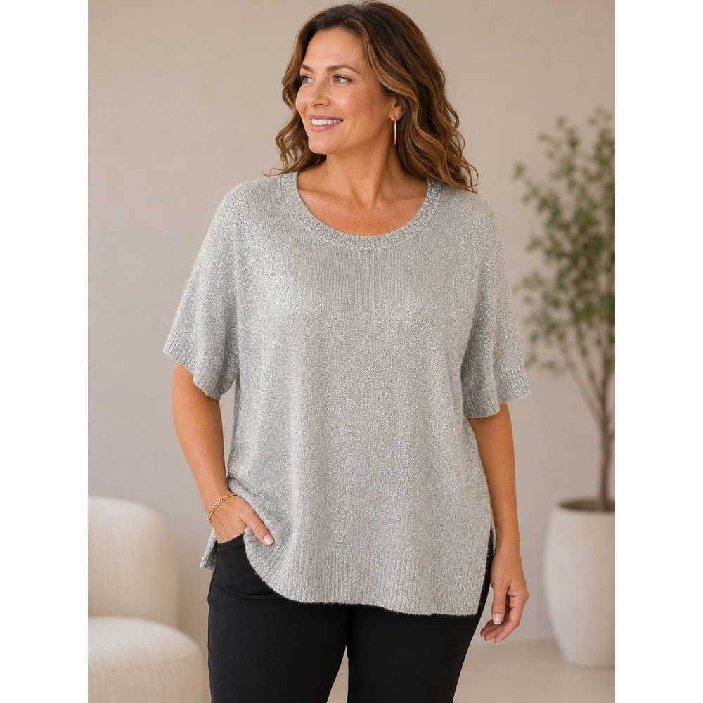 Lisa Rinna Collection Women XL Metallic Silver Short Sleeve Knit Sweater Top NWT